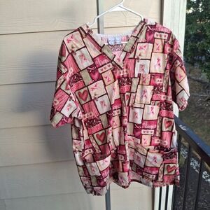 Peaches Uniforms Breast Cancer Awareness‎ Scrub Top Pink Ribbon Hearts XL
